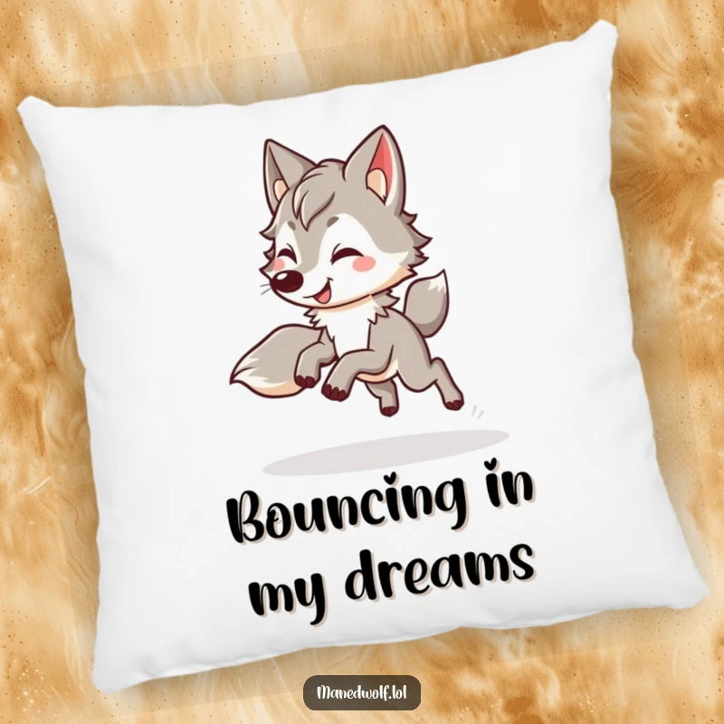 Funny kawaii maned wolf pillow featuring a cute wolf doing a happy, bouncy trot, perfect for comfort and spreading cheer.