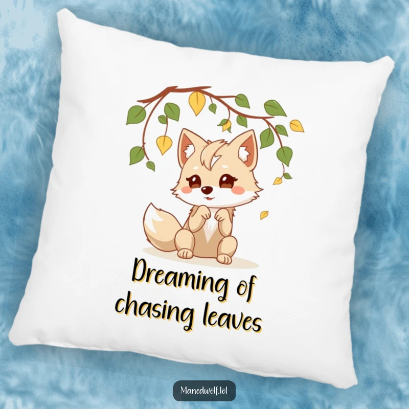 Funny kawaii maned wolf pillow featuring a cute wolf playfully batting at leaves, perfect for comfort and a touch of playful decor.