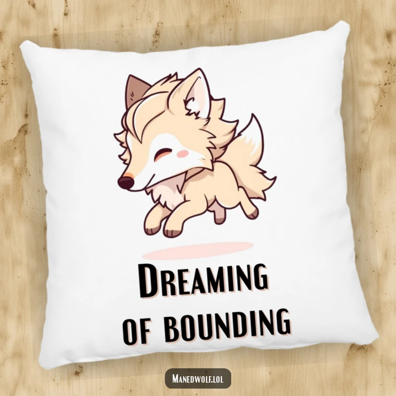 Funny Kawaii Maned Wolf Pillow showing a fluffy-maned wolf in a cheerful bounding pose, offering comfort and playful charm.
