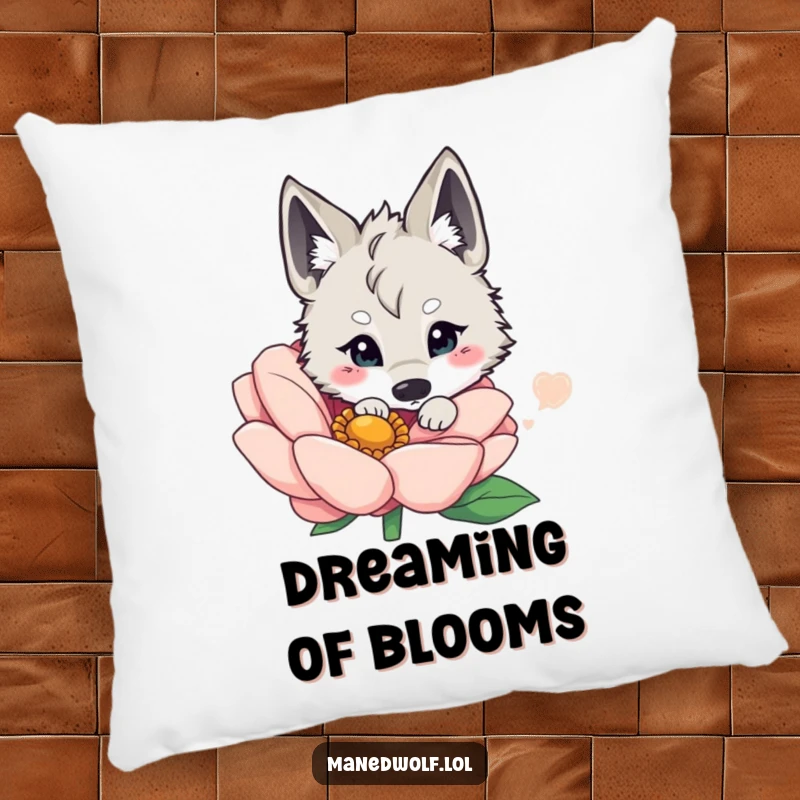 Funny kawaii maned wolf peeking from behind a large, vibrant flower, adding a touch of adorable whimsy to a decorative pillow.