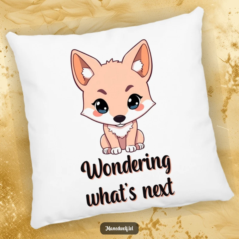 Funny kawaii maned wolf pillow featuring a cute wolf looking intently off-screen, perfect for comfort and adding a touch of mystery.
