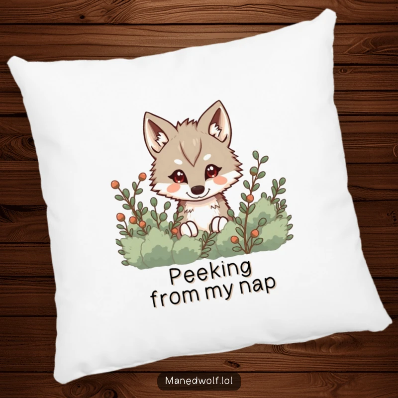 Funny Kawaii Maned Wolf Pillow showing a cute wolf peeking from behind bushes, offering comfort and playful intrigue.