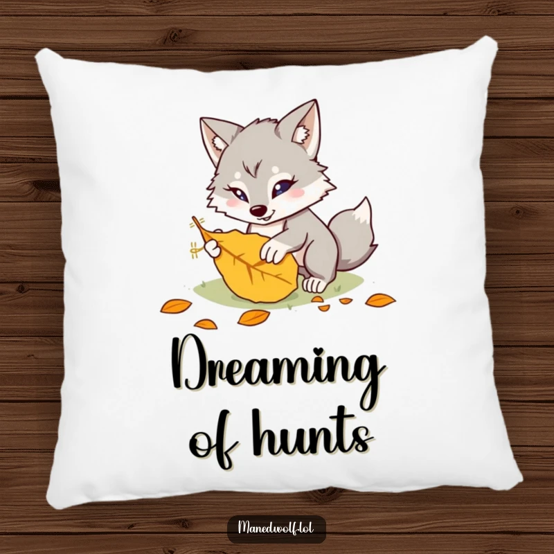 Funny kawaii maned wolf pillow featuring a cute creature playfully pouncing on a leaf, perfect for adding humorous comfort to sofas.