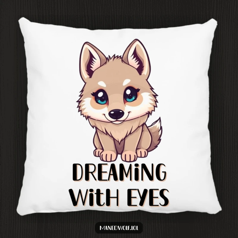 Funny Maned Wolf Pillow: Small character looking up with curious eyes, bringing comfort and a sense of innocent wonder, a cozy gift.