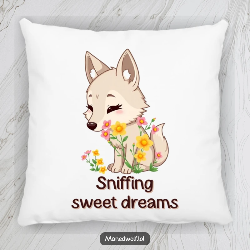 Funny maned wolf pillow featuring a character delightedly sniffing a bouquet of wildflowers, bringing floral comfort.