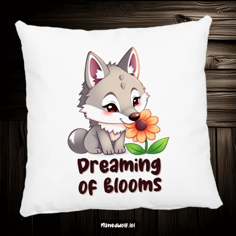 Funny maned wolf pillow showing a curious wolf with its nose gently touching a large, colorful flower.