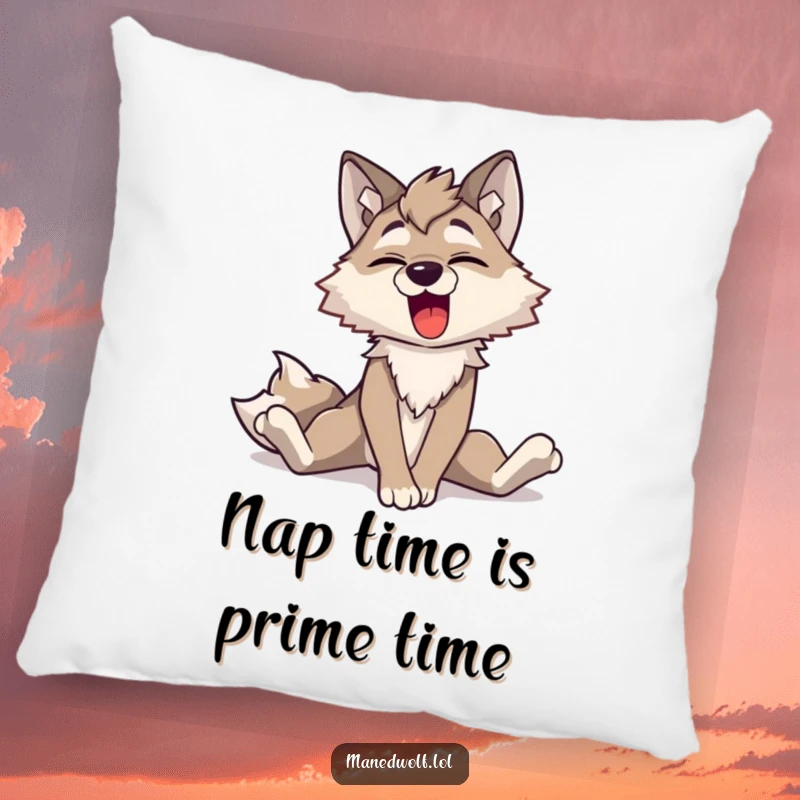 Funny Maned Wolf Stretch Pillow: A soft, decorative pillow showing a maned wolf character stretching its long legs with a big, cheerful yawn, great comfort.