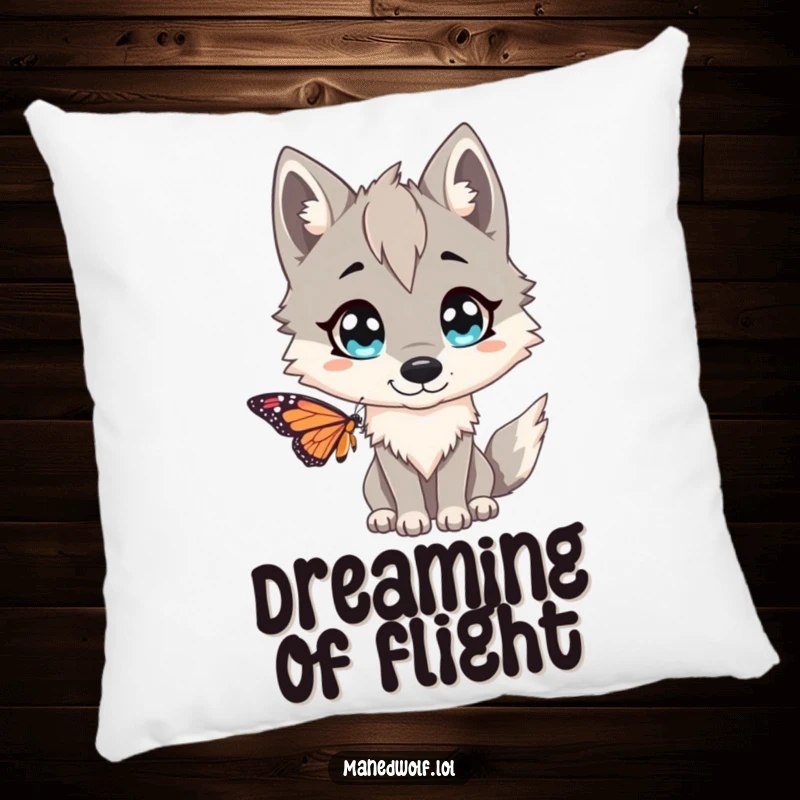Funny Maned wolf pillow, soft and cuddly, showing the animal with wide eyes, playfully surprised by a butterfly, bringing comfort and humor.