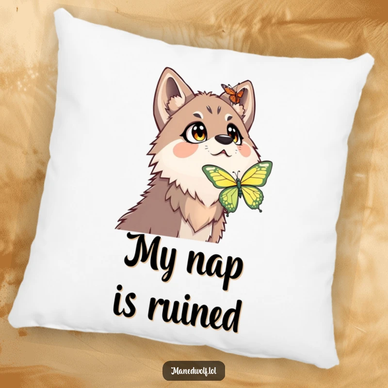 Funny maned wolf pillow featuring a surprised expression and wide eyes as it looks up at a butterfly.