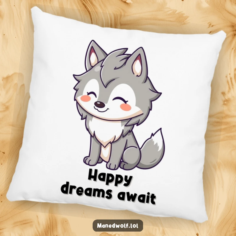 Funny maned wolf pillow featuring a cute character with a huge happy grin and a wagging tail, offering cozy cheer.