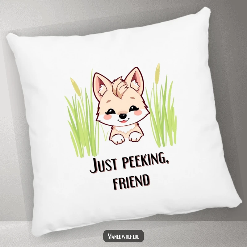 Funny kawaii maned wolf pillow with a smiling wolf peeking from behind tall grass.