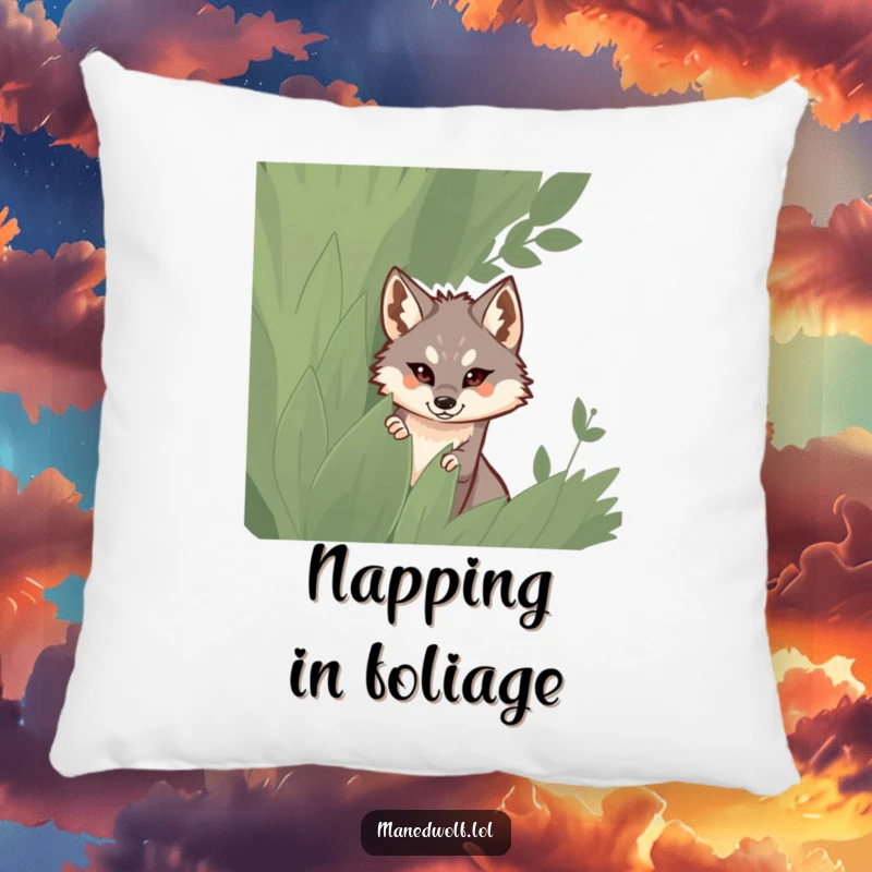 Funny pillow showcasing a maned wolf peeking curiously from behind a leafy bush.