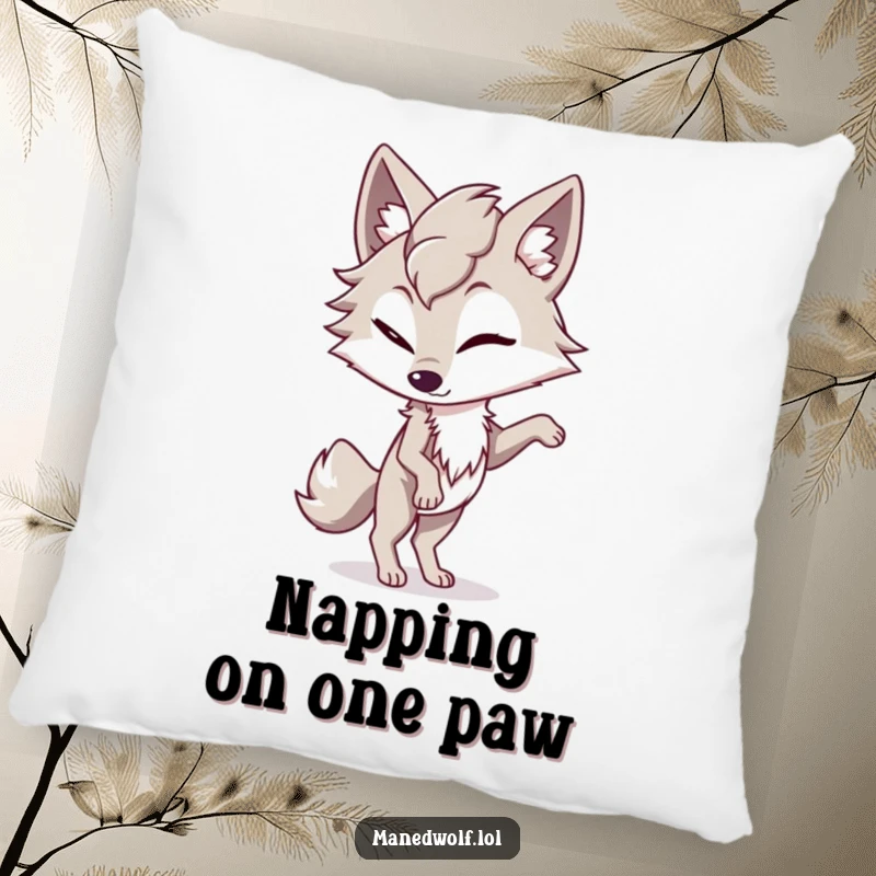 Funny maned wolf pillow featuring a character winking playfully while balancing on one paw, offering cozy, mischievous comfort.