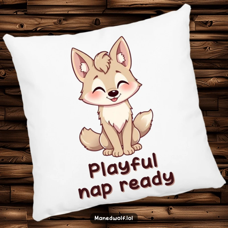 Funny playful maned wolf pillow, tail wagging, friendly nod, soft decor for a warm and inviting space.