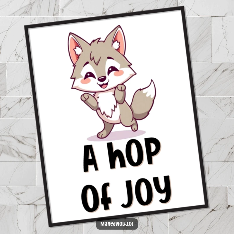 Funny Kawaii Maned Wolf Digital Art Print of a cute wolf doing a happy little hop, perfect for cheerful and uplifting decor.