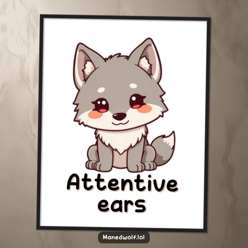 Funny Kawaii Maned Wolf Digital Art: A cute maned wolf with ears perked curiously, perfect for printable wall decor.