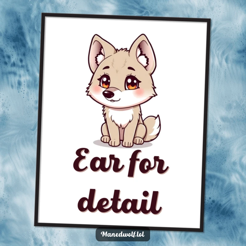 Funny maned wolf digital art print depicting a curious maned wolf with fluffy ears tilting its head.