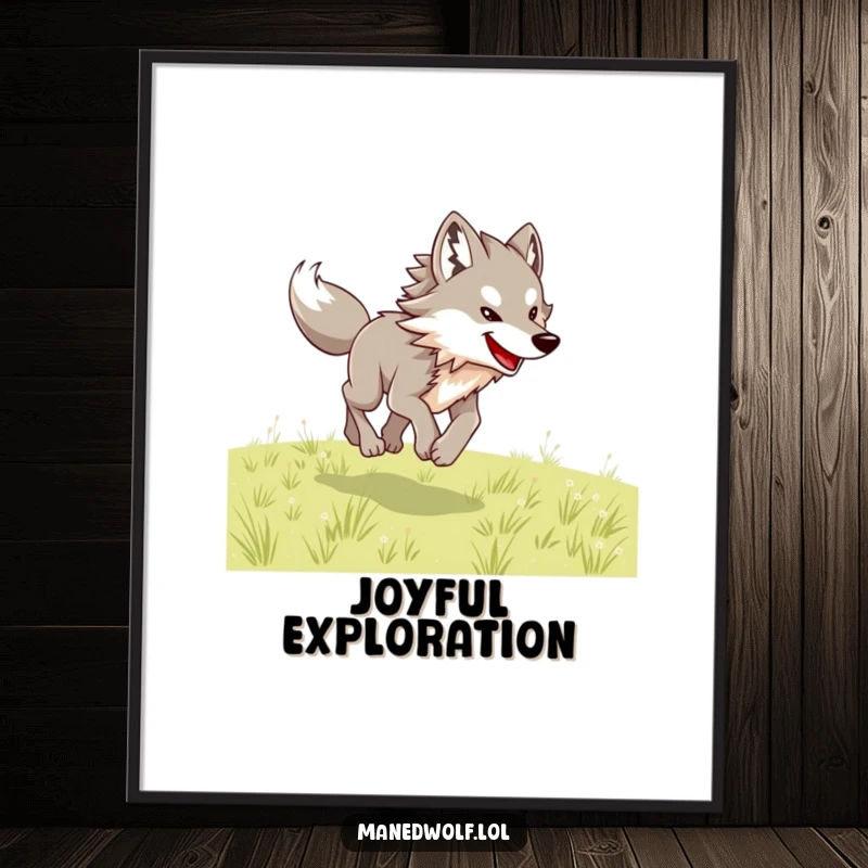 Funny maned wolf digital art print showing a wolf joyfully bounding across an open field with great animation.