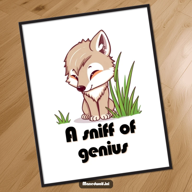 Funny Kawaii Maned Wolf Digital Art Print of a cute wolf curiously sniffing grass, perfect for peaceful, nature-themed decor.