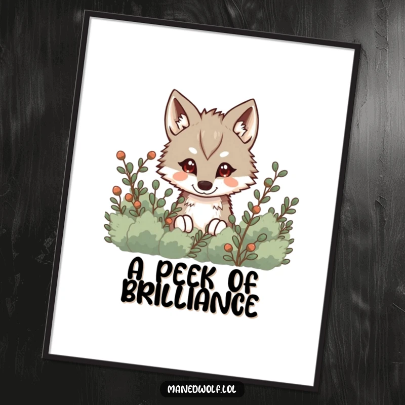 Funny Kawaii Maned Wolf Digital Art Print of a cute wolf peeking from behind bushes, perfect for mysterious and playful decor.