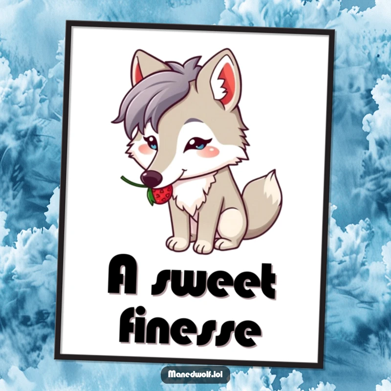 Funny digital art print of a kawaii maned wolf adorably balancing a single berry on its long snout with great concentration.