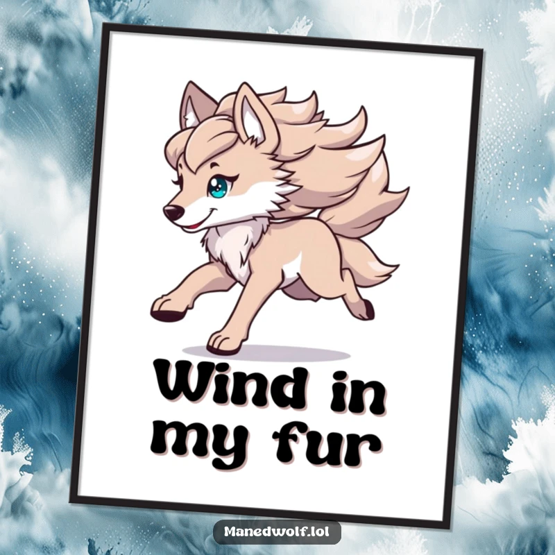 Funny kawaii maned wolf digital art print of a cute wolf running with its mane flowing, perfect for dynamic screensavers or prints.