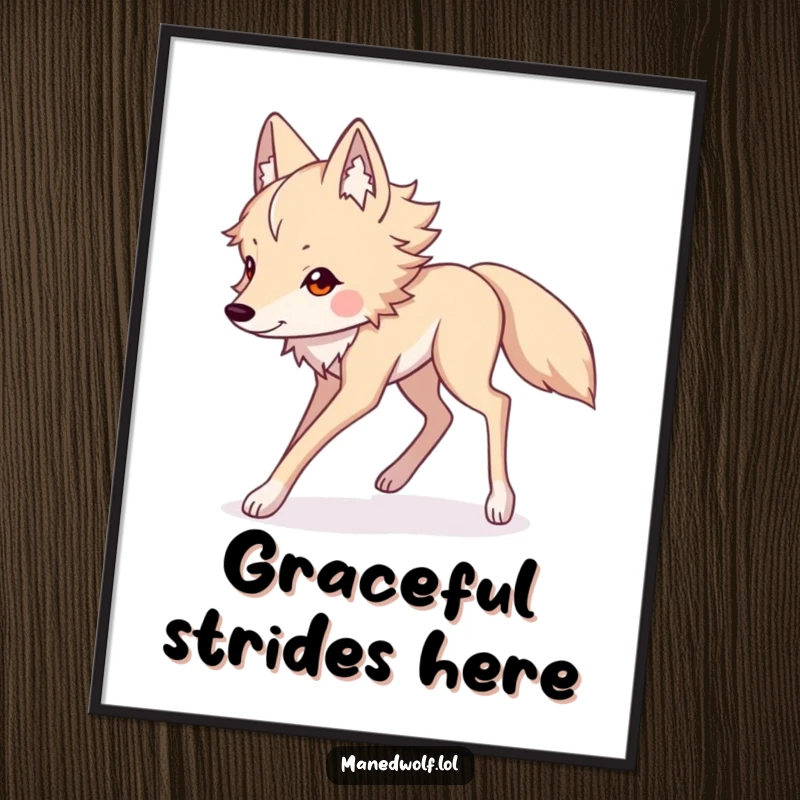 Funny Kawaii maned wolf digital art print depicting long legs striding gracefully, offering whimsical charm and humorous artistic expression.