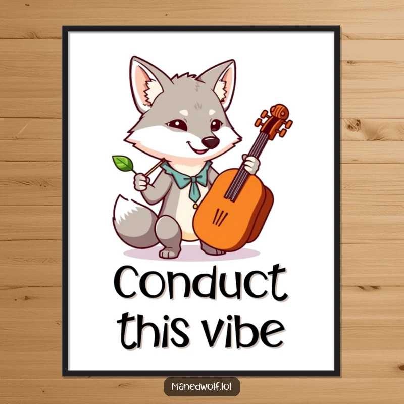 Funny digital art print of a kawaii maned wolf conducting an orchestra with a leaf, whimsical and musical.