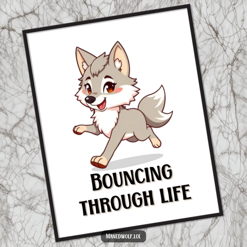 Funny maned wolf digital art print of a character performing a happy, bouncy trot, radiating pure joy and energy.