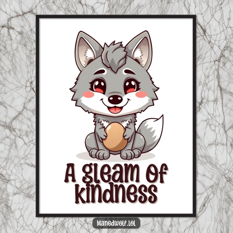 Funny digital art print of a maned wolf with a cheerful grin, kindly offering a shiny pebble as a unique and heartwarming gesture.