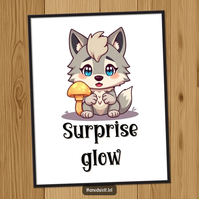 Funny Maned Wolf Digital Art Print of a character with a surprised expression holding a glowing mushroom, evoking wonder and enchantment.