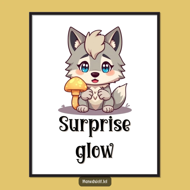 Funny Maned Wolf Digital Art: Mushroom Surprise, Enchanting Printable Gift!