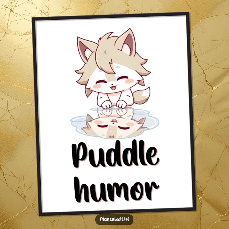 Funny digital art print of a maned wolf character laughing heartily at its reflection in a puddle.
