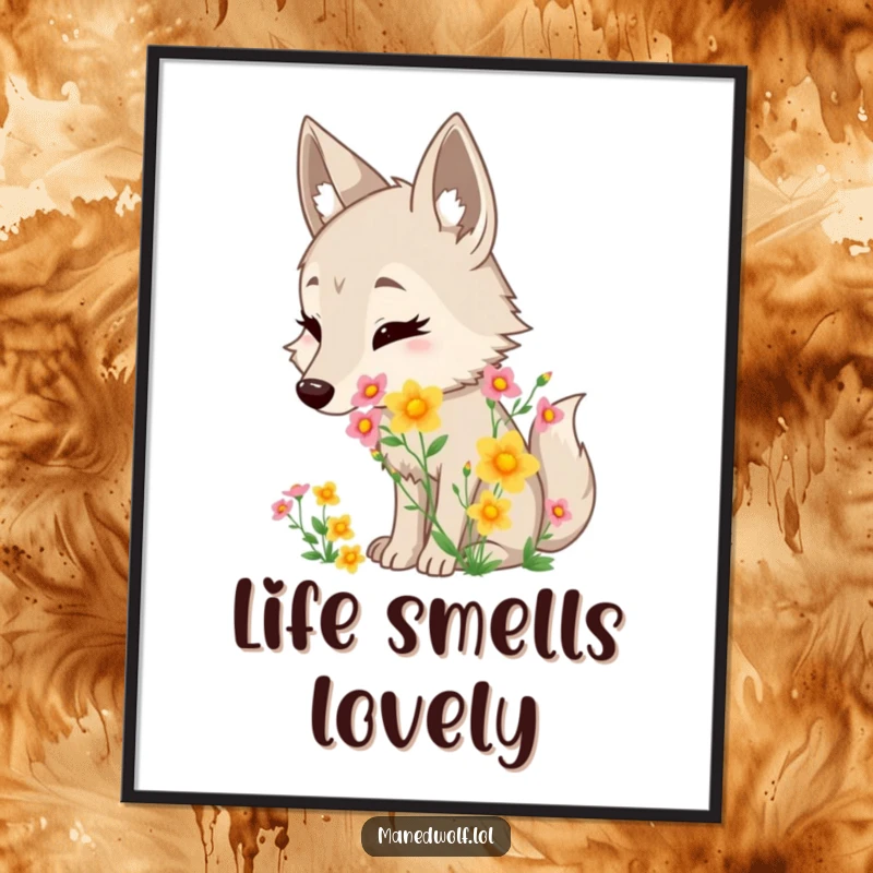 Funny maned wolf digital art print of a character delightedly sniffing a fragrant wildflower bouquet, evoking peaceful joy.