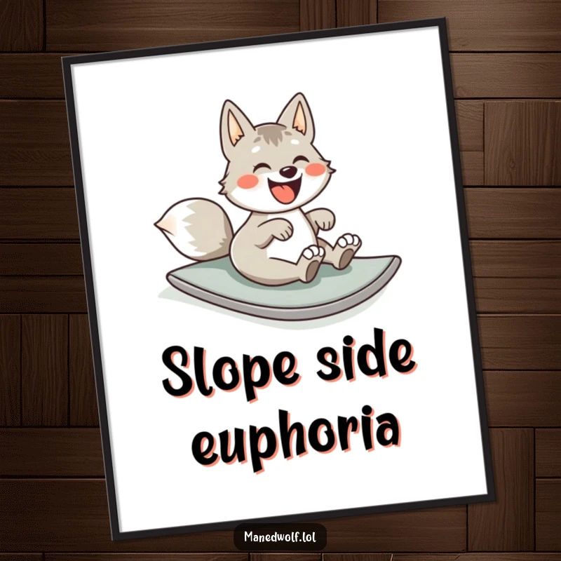 Funny digital art print of a maned wolf rolling down a hill with extreme joy, capturing a moment of pure, hilarious bliss.