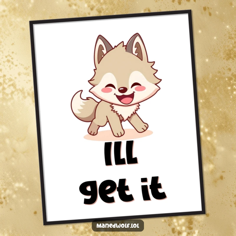 Funny maned wolf digital art print capturing a wolf's amusing shadow-chasing antics, offering instant humor and visual delight.