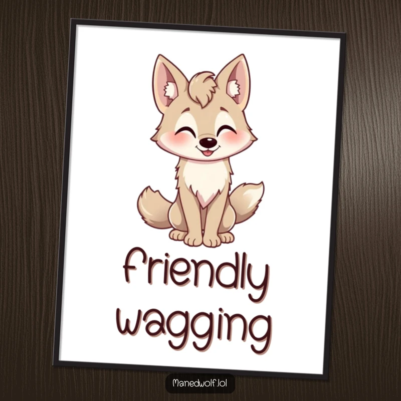 Funny playful maned wolf digital art print, tail wagging, friendly nod, cheerful instant decor.