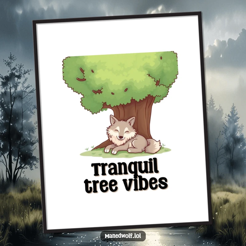 Funny digital art print of a contented maned wolf resting peacefully under a large, shady tree.