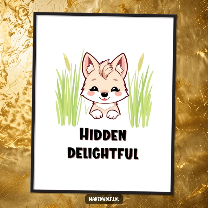 Funny kawaii maned wolf digital art print with a smiling wolf peeking from behind tall grass.