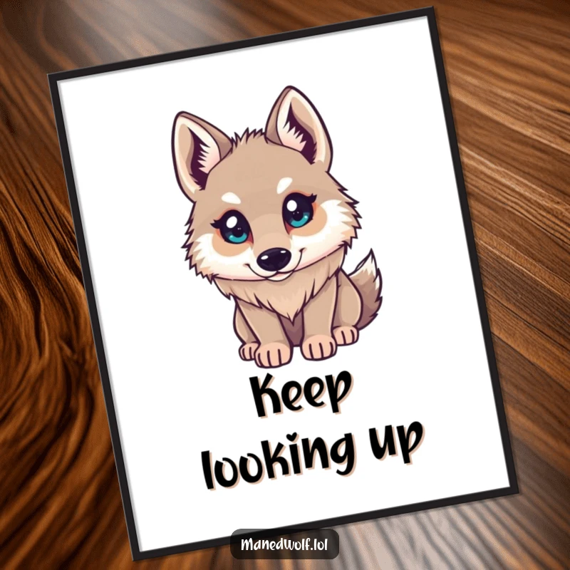 Funny Maned Wolf Digital Art Print: Small character looking up with bright, curious eyes, embodying innocence and wonder, perfect for decor.