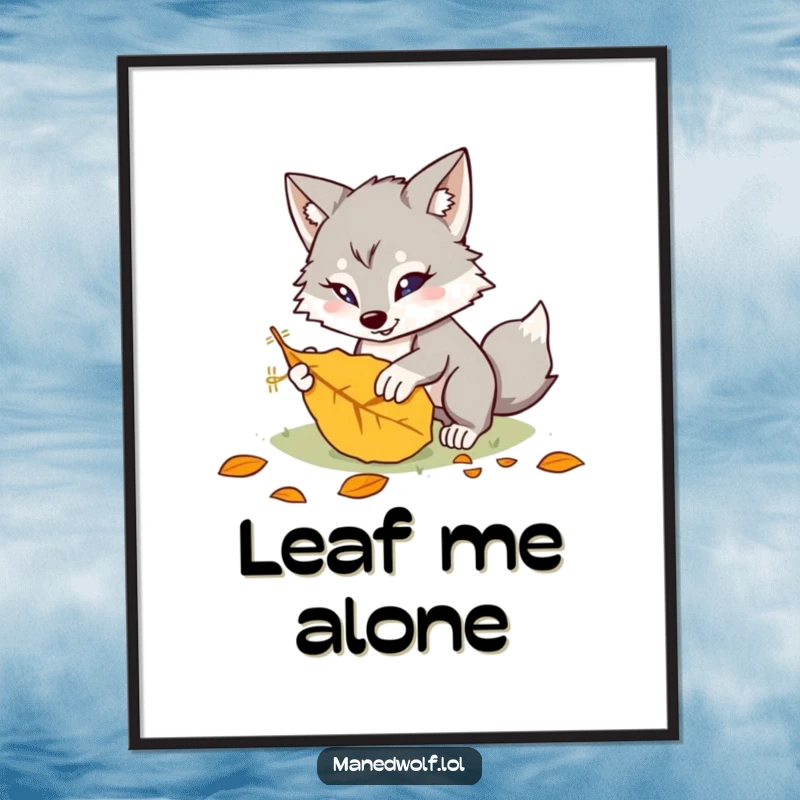 Funny kawaii maned wolf digital art print showing a cute creature playfully pouncing on a leaf, perfect for screensavers or digital backgrounds.