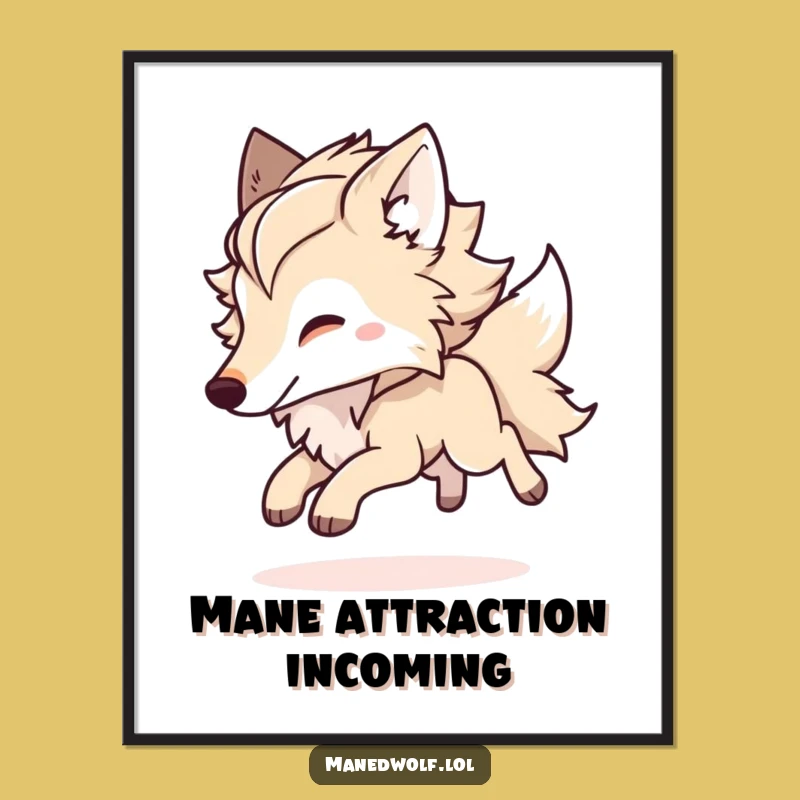 Funny Kawaii Maned Wolf Art Print, Playful Bounding Wolf Digital Decor, Gift Idea