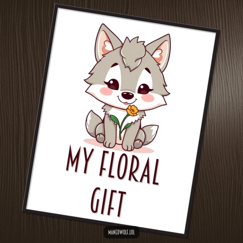 Funny Maned Wolf Digital Art Print: Maned wolf joyfully offers a flower, creating a sweet and funny piece of art.