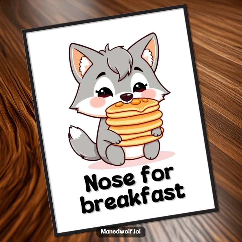 Funny digital art print of a kawaii maned wolf balancing a stack of pancakes on its nose, whimsical and breakfast-themed.