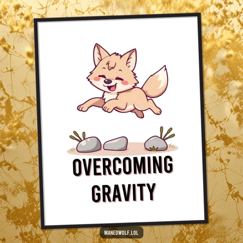 Funny maned wolf leaping over a small obstacle, dynamic digital art print, instant download, energetic funny gift.