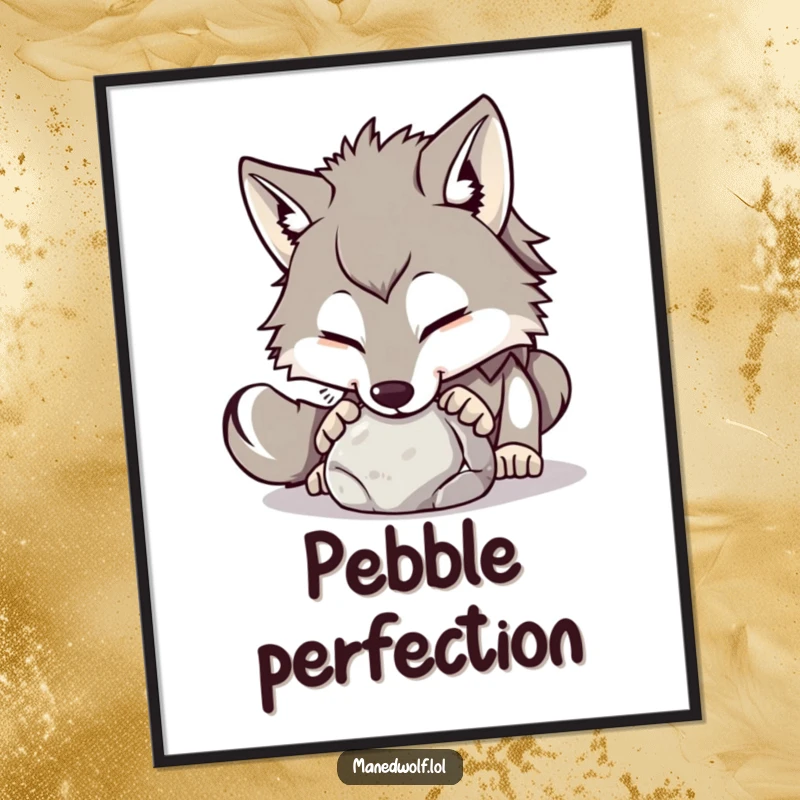 Funny maned wolf digital art print of a playful wolf nudging a small, round stone with its nose.