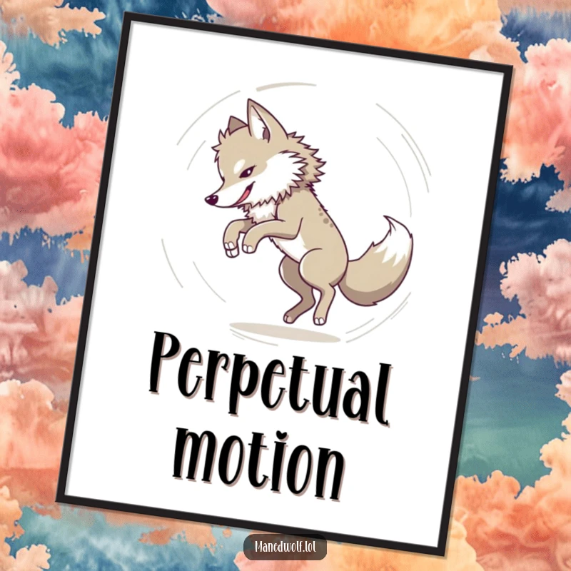 Funny Maned wolf playfully chasing its tail in a dizzy circle, rendered as a digital art print, full of humorous energy.