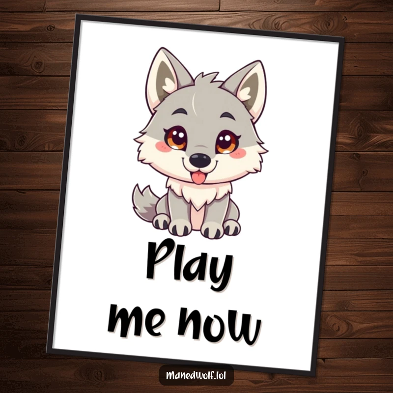 Funny maned wolf digital art print depicting a friendly maned wolf with an inviting gaze, ready to play.