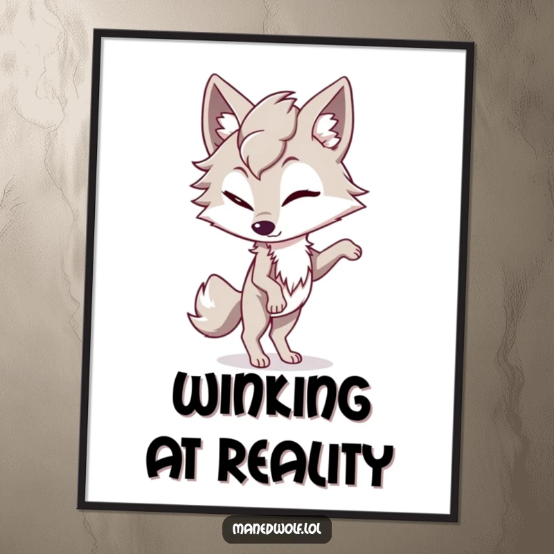 Funny maned wolf digital art print of a character winking playfully while balancing on one paw, embodying cheeky fun.