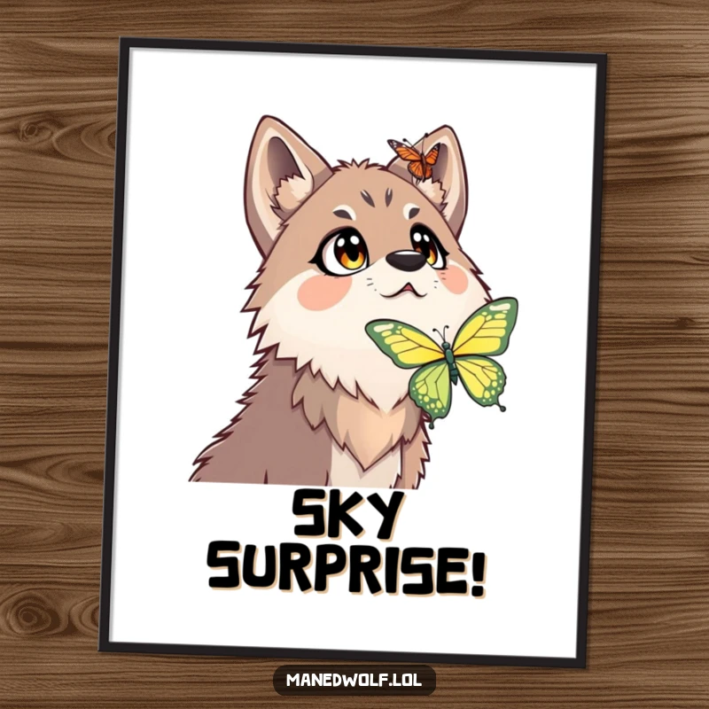 Funny maned wolf digital art print featuring a surprised maned wolf with wide eyes looking up at a butterfly.